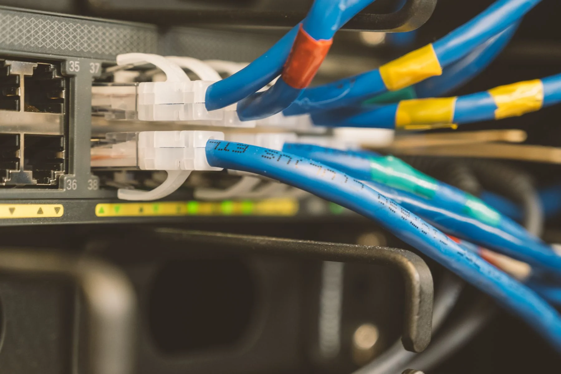 Blue Ethernet cables connected to the ports of network equipment.