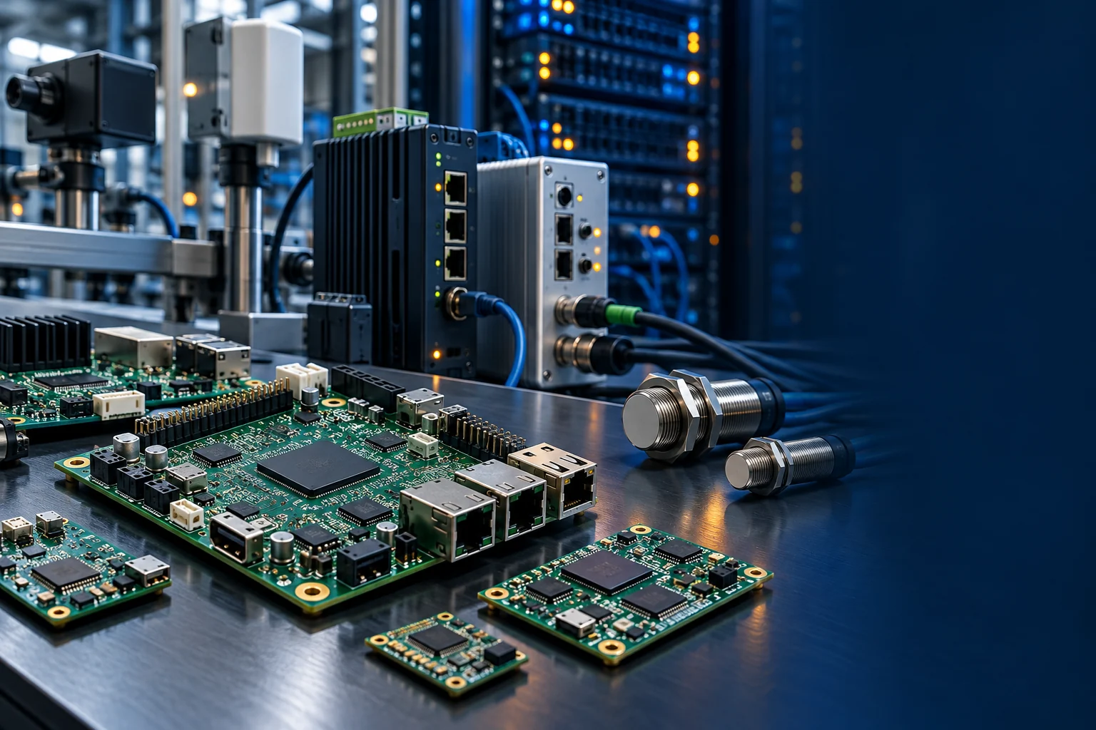 Montage of embedded boards, IoT gateways, servers and sensors